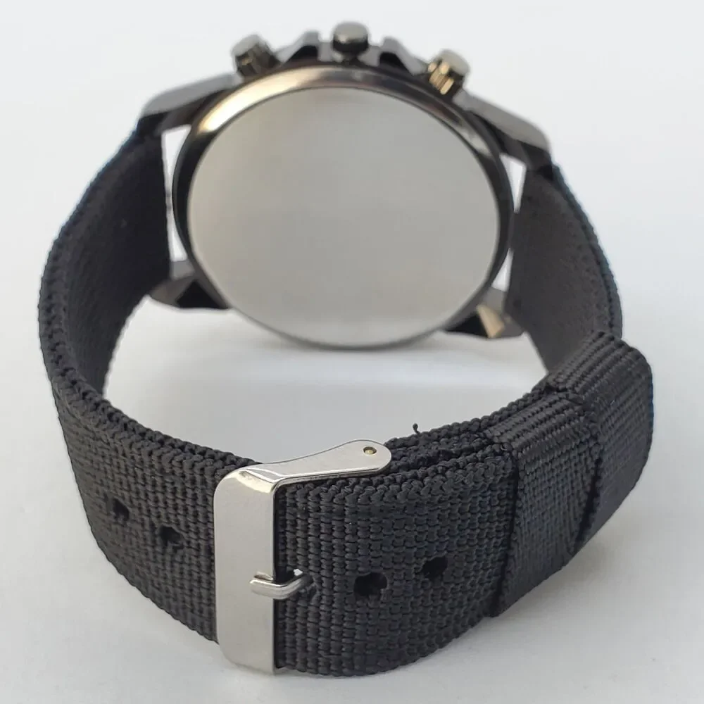Men's Watch 42MM Black Case‎ Black Dial Date Indicator Black Canvas Band Straps